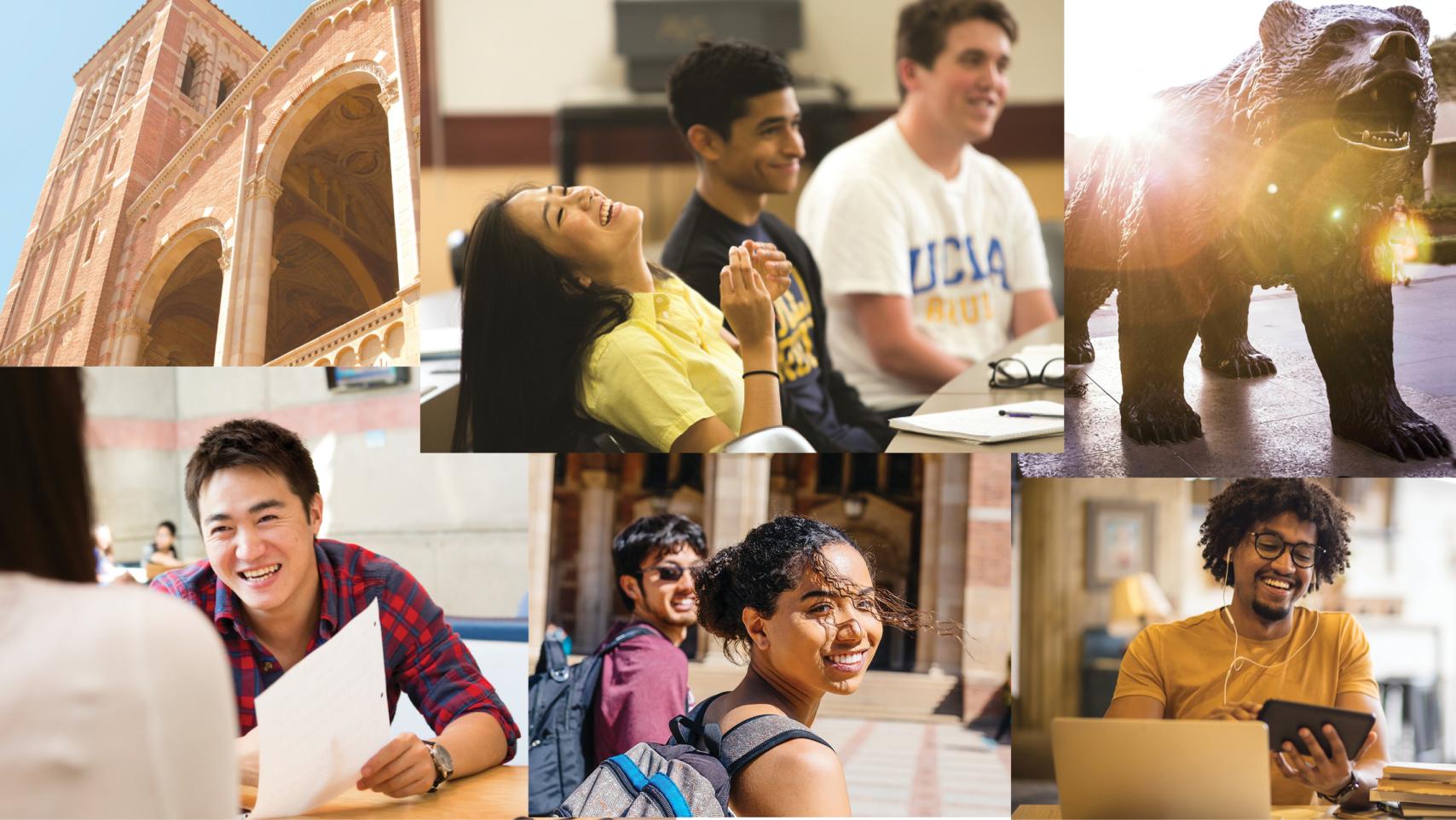 A collage of UCLA students smiling and UCLA campus photos.